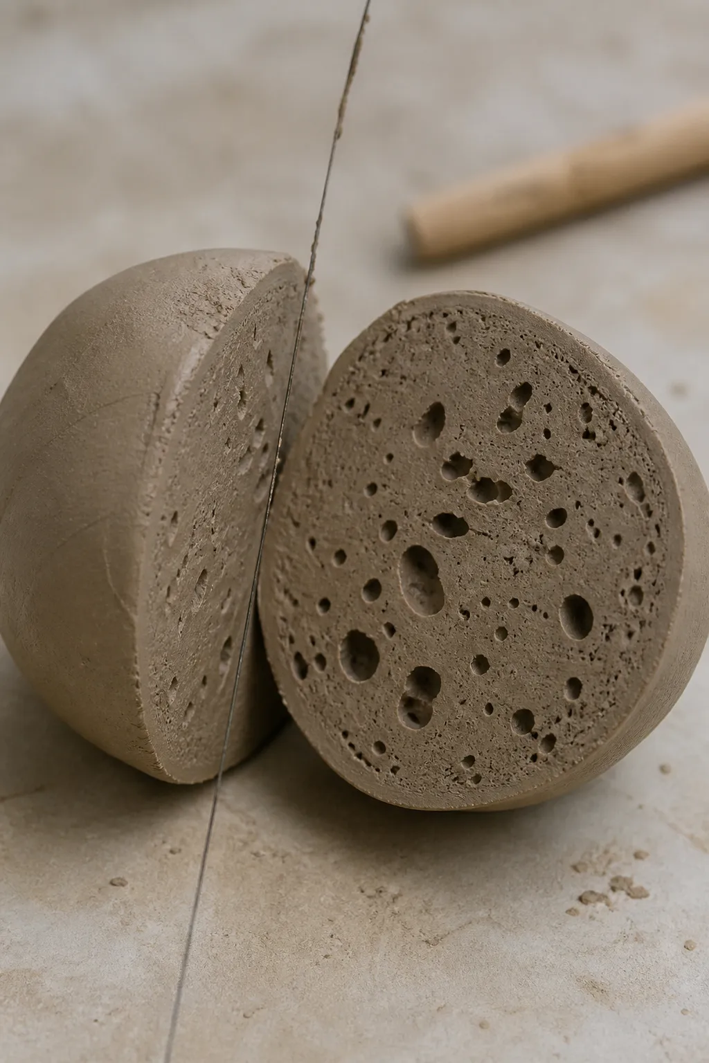 cut clay showing air pockets - wedging process.