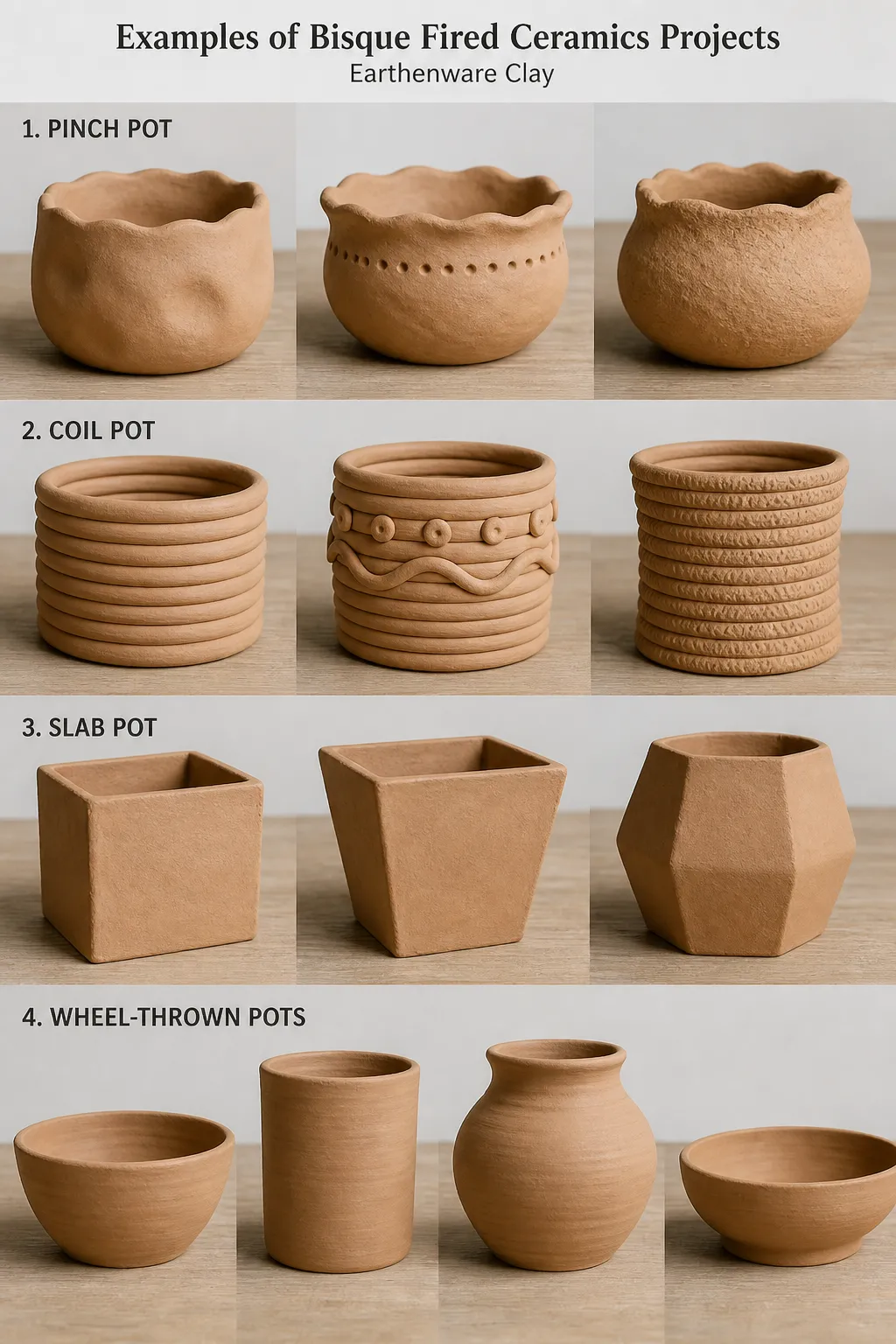 Samples of school ceramics projects in bisque state.