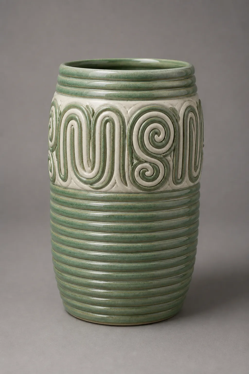 Green and white coil vase 10 inches high.
