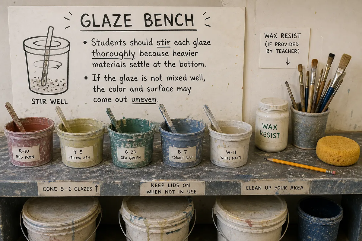 Glaze bench with glaze buckets and brushes.