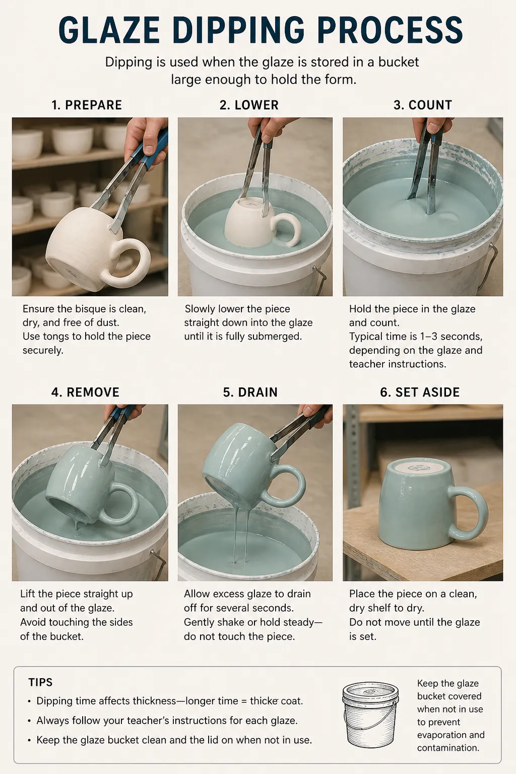 Dipping projects in glaze baths requires careful attention. Dipping projects in glaze baths requires careful attention.