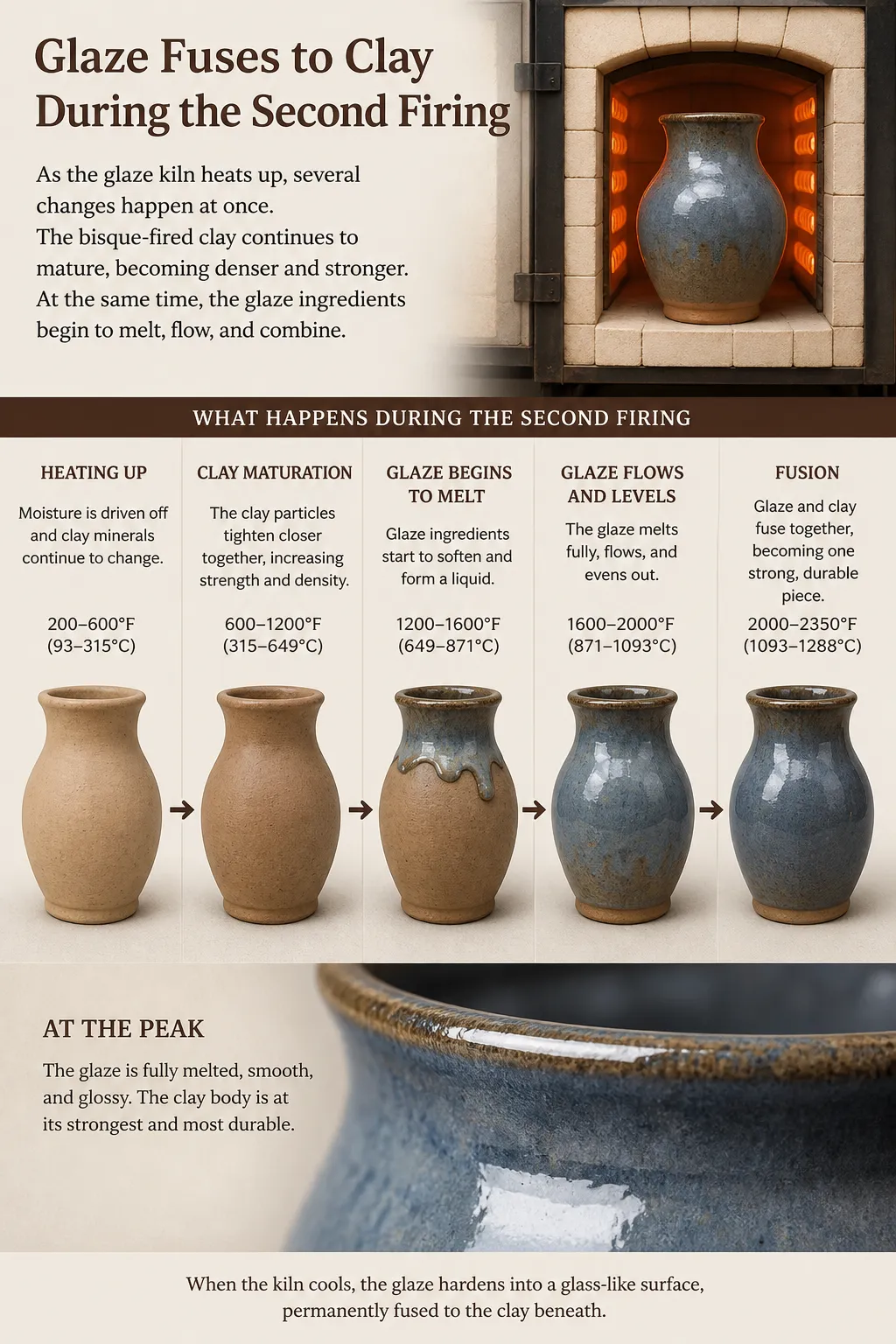 Glaze fuses to clay during the second firing,
