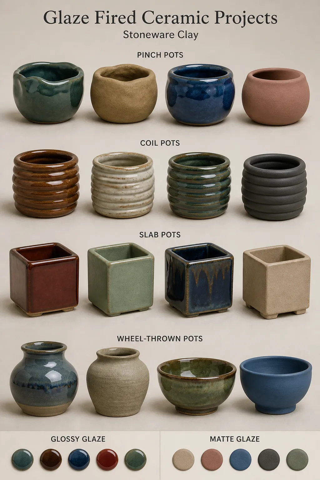 Examples of glazed stoneware projects with matte and glossy glaze.