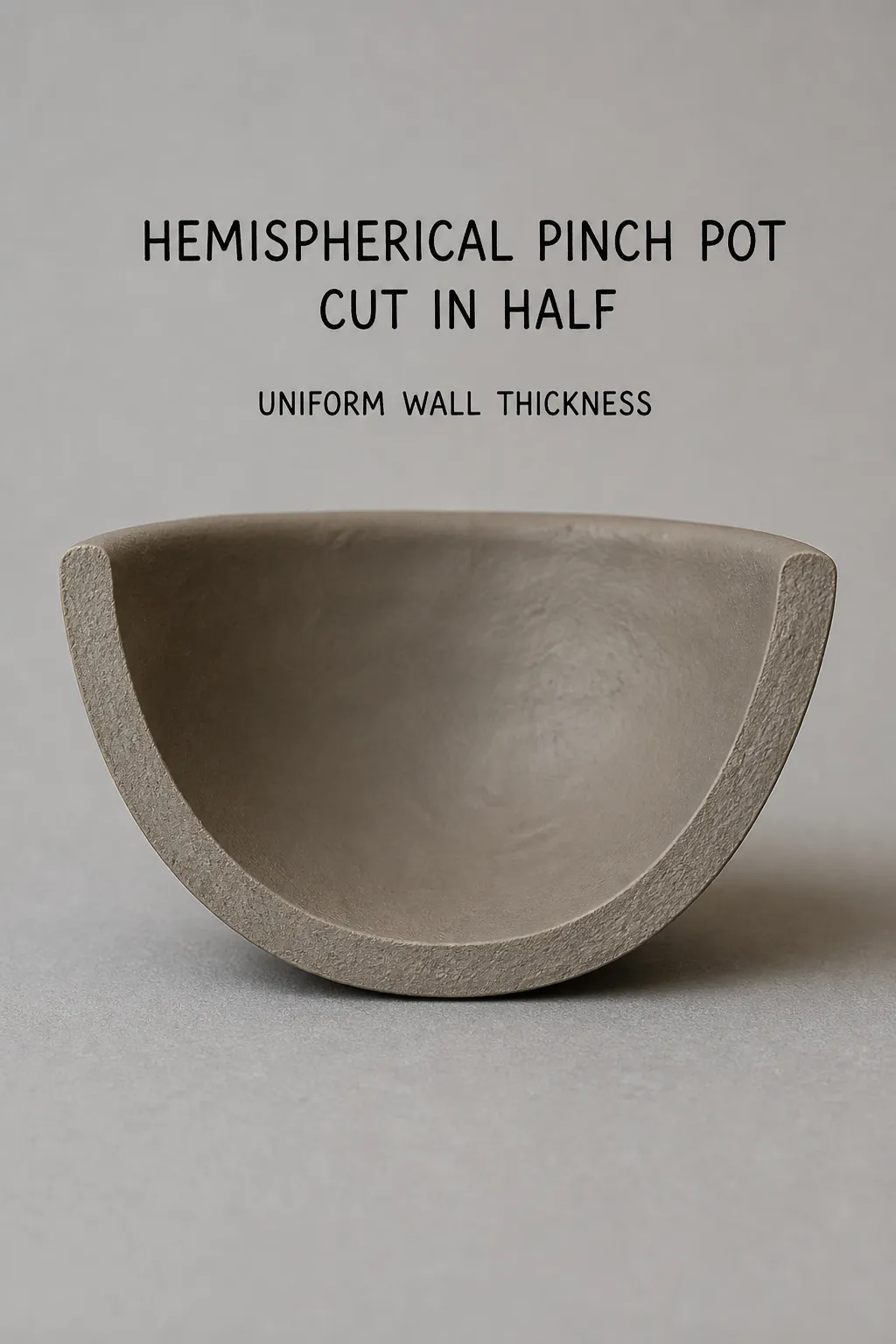 Pinch pot cut in half to show uniform wall thickness.