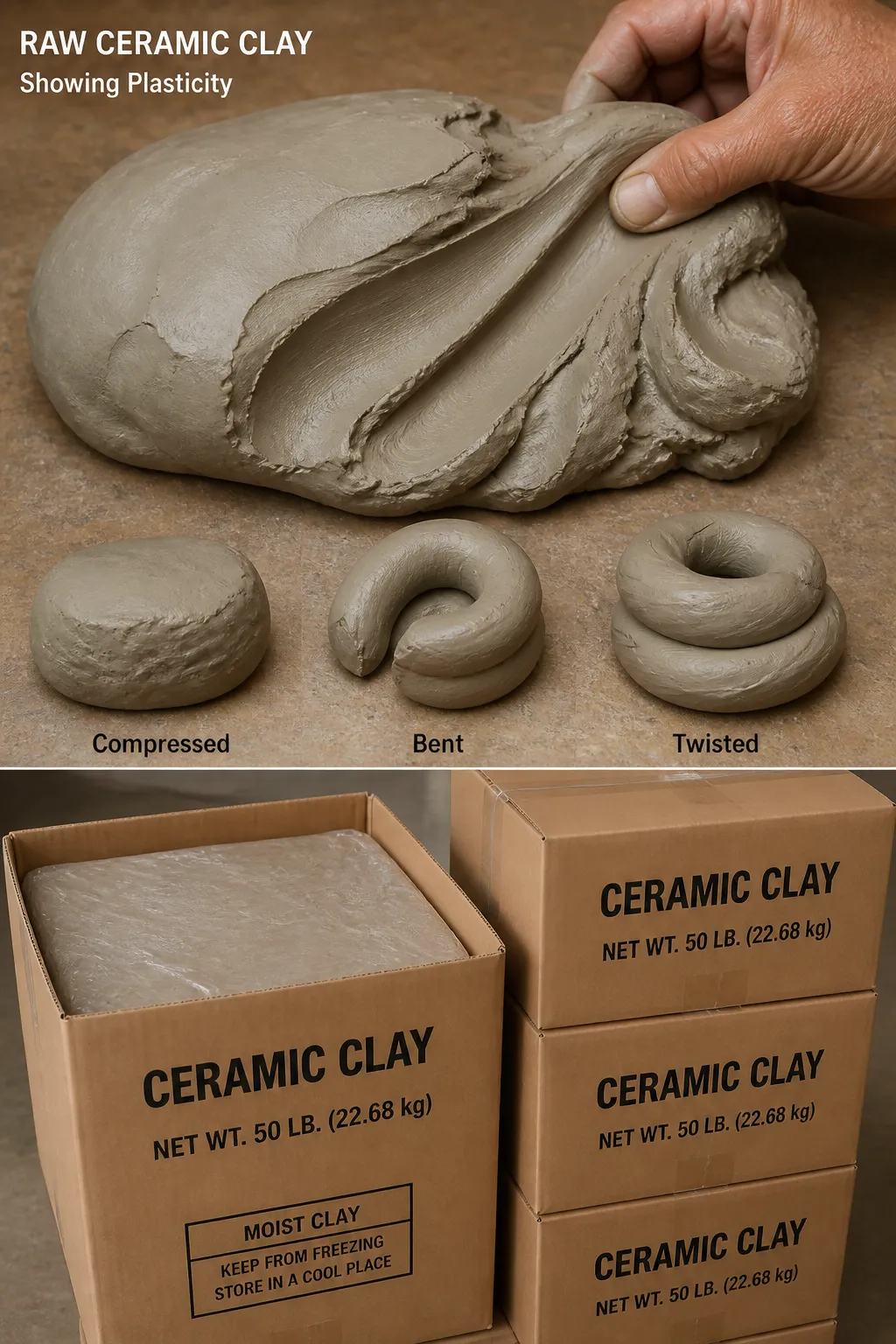 Raw clay has plasticity, usually delivered in 50 pound boxes.