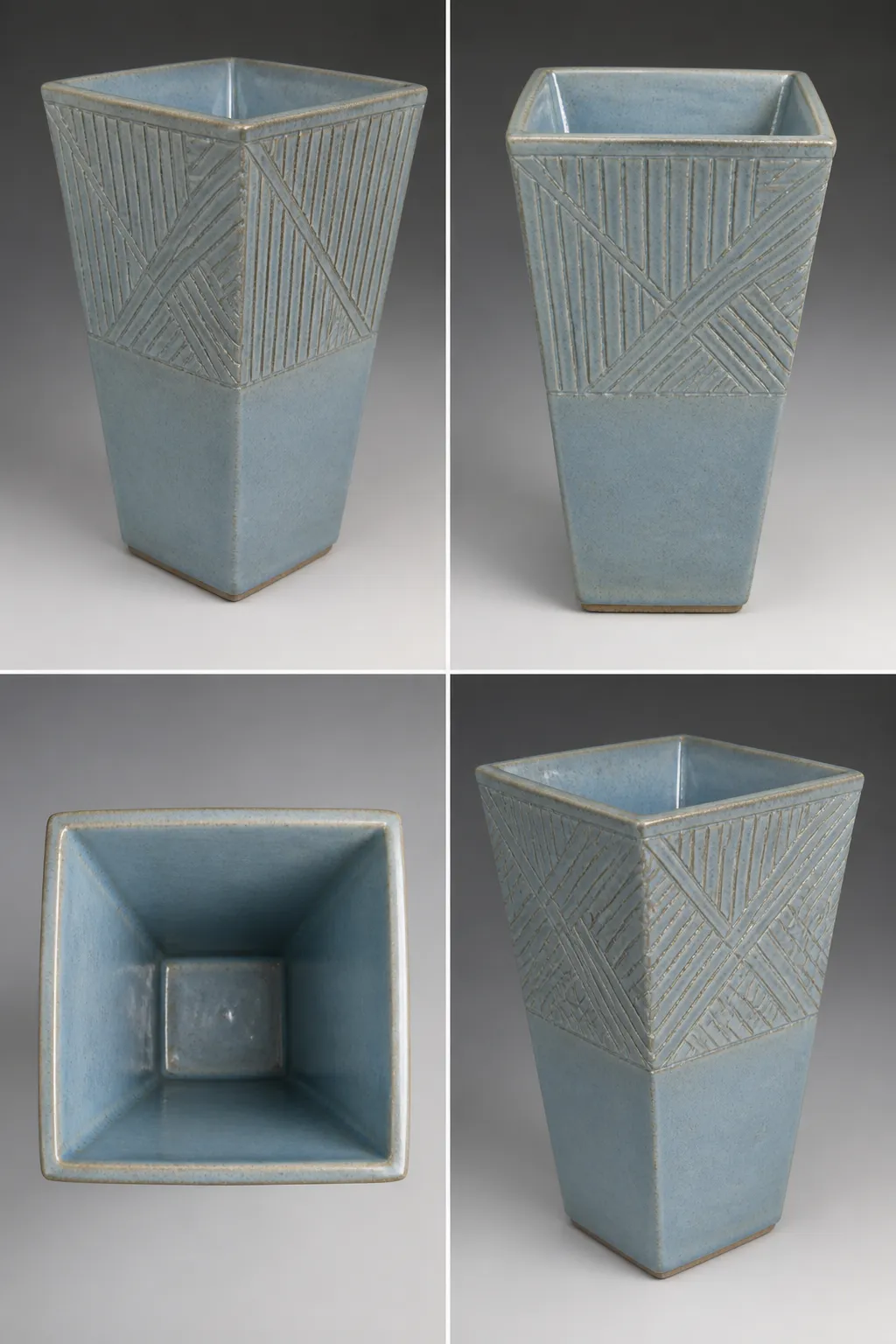 Slab vase, 10" tall with incised texture decoration.